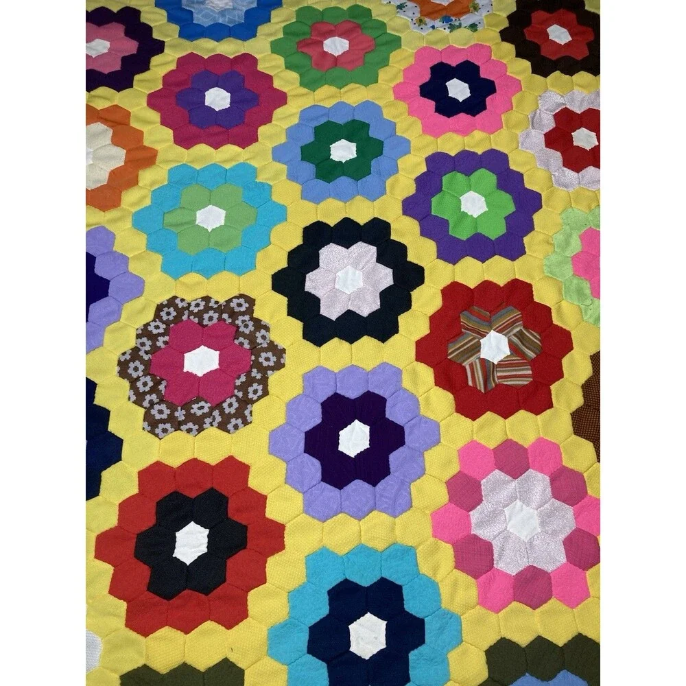 Vintage Hand Stitched Quilt Topper Grandmother's Flower Garden 95”x76”